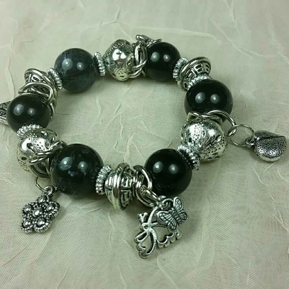 Black Bead Silver Charm Bracelet Stretch Dragonfly Butterfly Flower Heart Boho